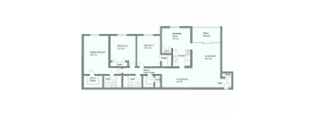 A floor plan of a house with a living room, two bedrooms, a bathroom, a kitchen, and a foyer.