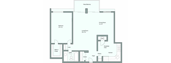 A floor plan of a house with a living room, dining room, kitchen, and bedrooms.