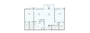 A floor plan of a house with a breakfast area, kitchen, two bathrooms, two bedrooms, a living room, and a pantry.