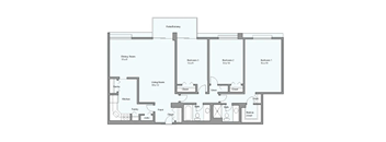 A floor plan of a house with a living room, dining room, kitchen, and three bedrooms.