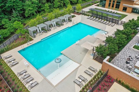 An outdoor swimming pool surrounded by lounge chairs and trees.