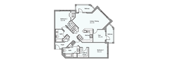 A floor plan of a house with two bedrooms, a living area, a kitchen, a bathroom, a foyer, and a balcony.