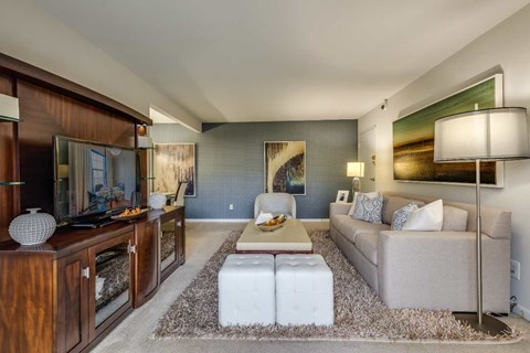 A modern living room with a grey sofa and a wooden cabinet.