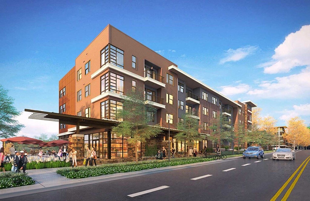 a rendering of an apartment building on a city street