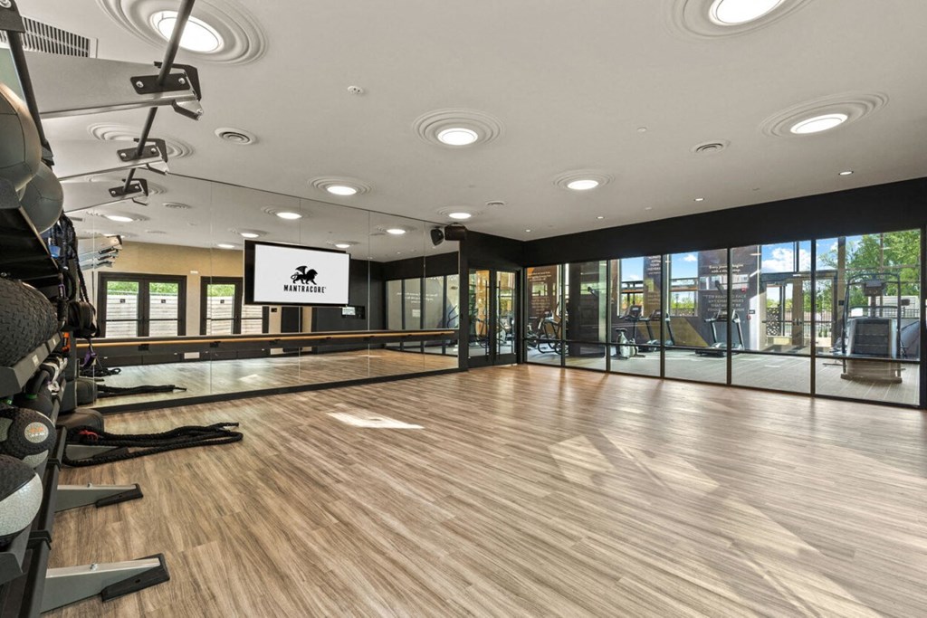 a workout room with a treadmill and a screen on the wall