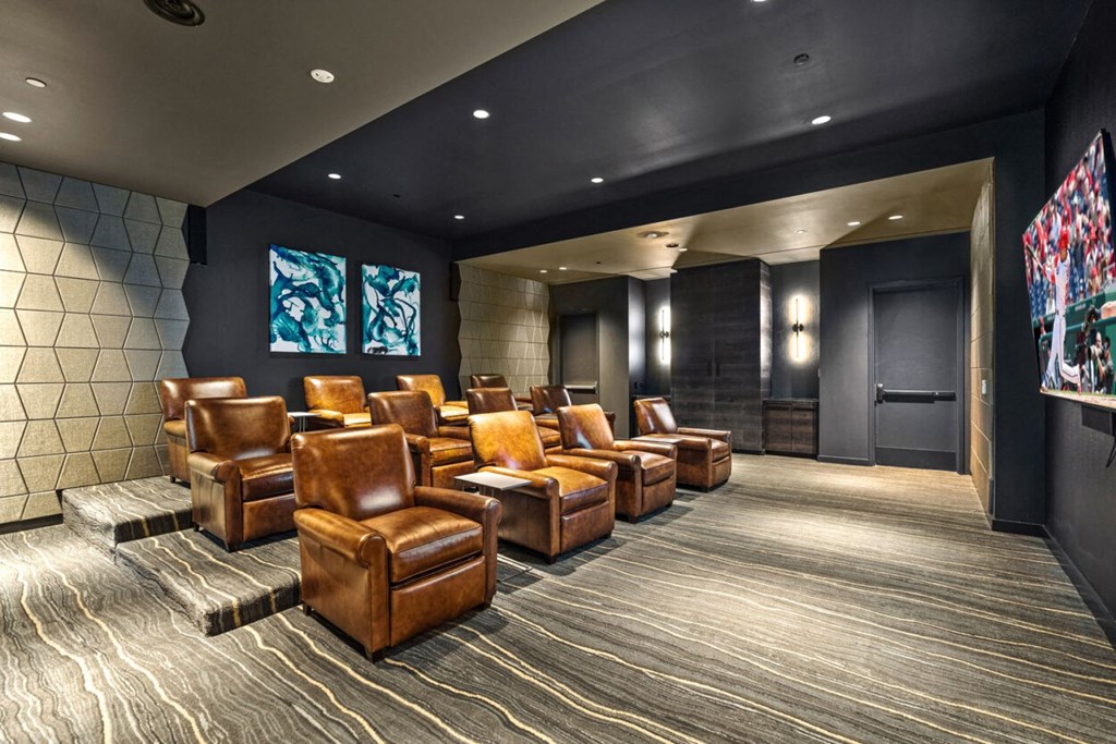 the screening room has leather chairs in a row