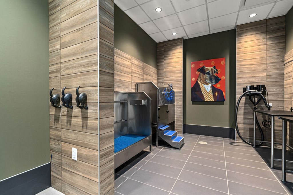 a fitness room with weights and a dog painting on the wall