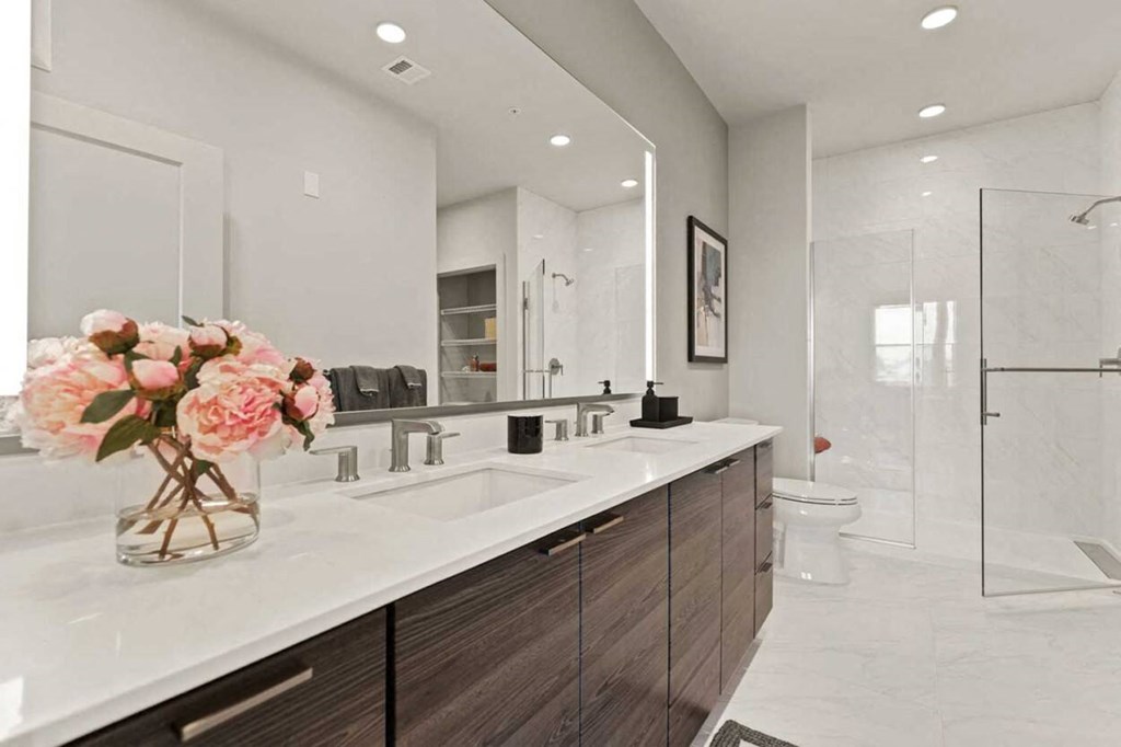a bathroom with a sink and a mirror and a shower