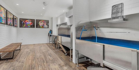 a laundry room with a sink and a blue pool