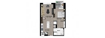 a floor plan of a bedroom with a bathroom and a living room