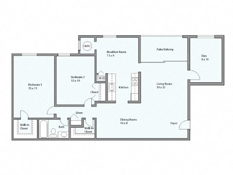 the evergreen floor plan of a 1 bedroom apartment