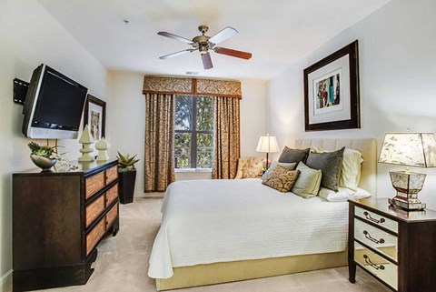 a bedroom with a large bed and a tv
