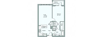 a floor plan of a studio apartment with a bedroom and a living room