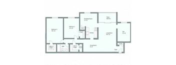 A floor plan of a house with a living room, two bedrooms, a bathroom, a breakfast room, a pantry, a den, a foyer, and a kitchen.