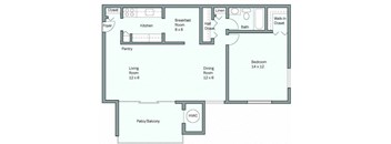 A floor plan of a house with a living room, dining room, kitchen, breakfast room, pantry, bedroom, bathroom, and HVAC.