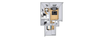 A 3D floor plan of a small apartment with a kitchen, living room, and bathroom.