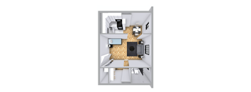 A 3D floor plan of a house with a kitchen, living room, and bathroom.