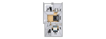 A 3D floor plan of a small apartment with a living room, kitchen, and bathroom.