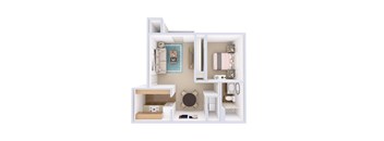 A 3D floor plan of a small apartment with a kitchen, living room, and bathroom.