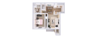 A white floor plan of a small apartment with a kitchen, living room, and bathroom.