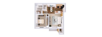 A top down view of a small apartment with a kitchen, living room, and bathroom.
