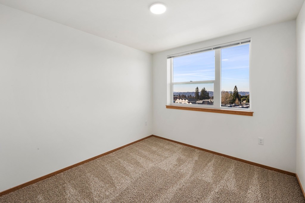 A room with a carpeted floor and a window overlooking a landscape.