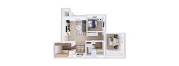 A white model of a house with various rooms and furniture.