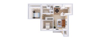 A white floor plan of a small apartment with a kitchen, living room, and bathroom.