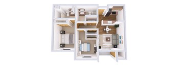 A white model of a house with various rooms and furniture.