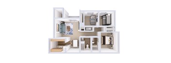 A white model of a house with various rooms and furniture.