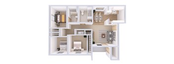 A white model of a house with various rooms and furniture.