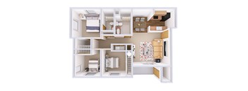 A white floor plan of a house with a kitchen, living room, and bedrooms.