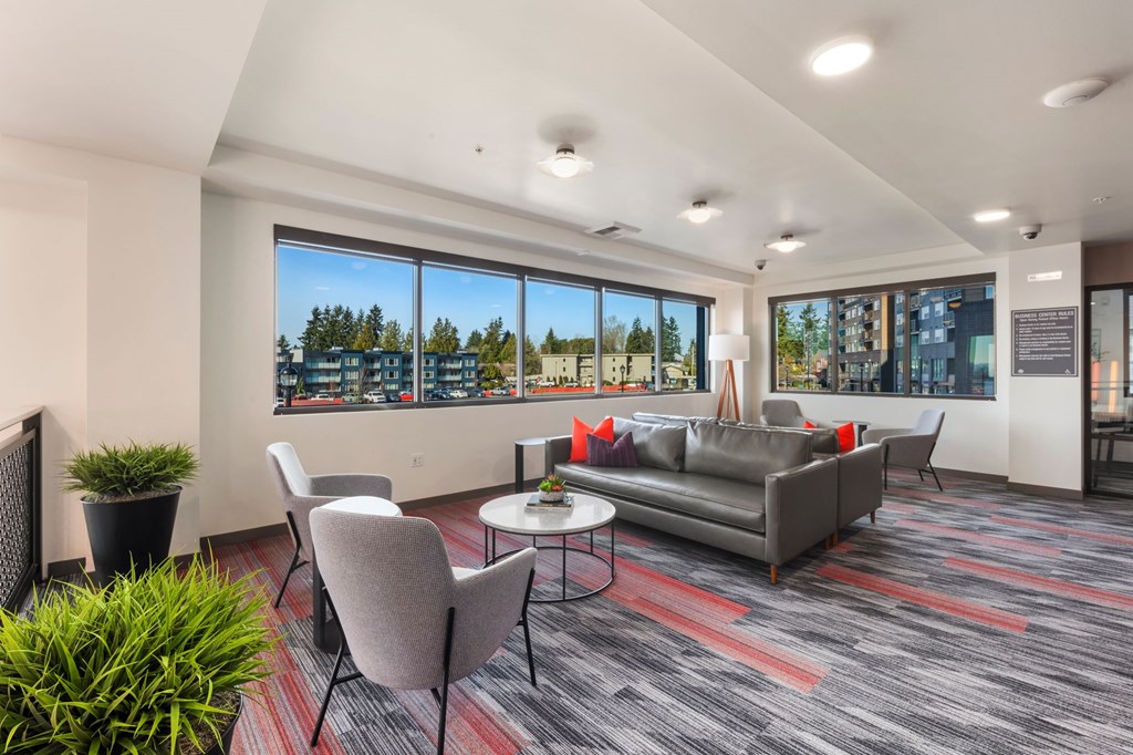 A modern office space with a view of the city.