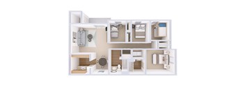 A white floor plan of a house with a kitchen, living room, and bathroom.
