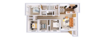 A 3D floor plan of a small apartment with a kitchen, living room, and bathroom.