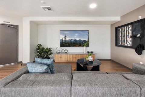 A living room with a grey couch and a painting of a mountain landscape on the wall.
