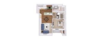 A top-down view of a small apartment with a living room, kitchen, and bedroom.