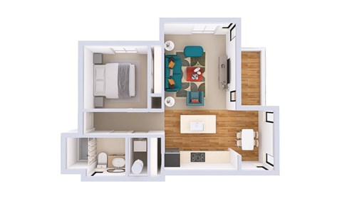 A floor plan of a small apartment with a kitchen, living room, and bathroom.