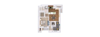 A top down view of a small apartment with a kitchen, living room, and bedroom.