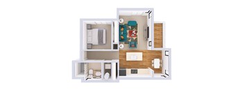 A floor plan of a small apartment with a kitchen, living room, and bathroom.