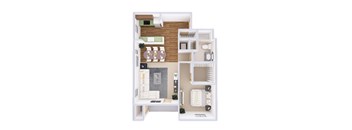 A floor plan of a small apartment with a kitchen, living room, and bathroom.