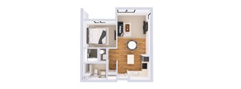 A white and wood floor plan of a small apartment.