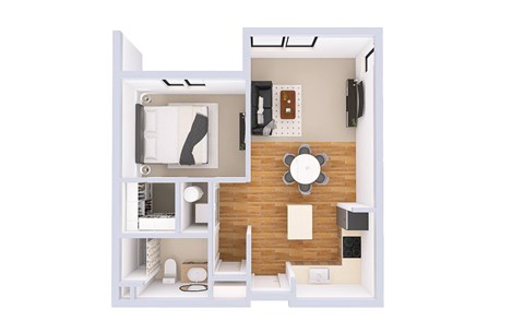 A white and wood floor plan of a small apartment.
