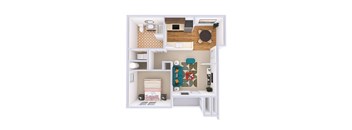 A top-down view of a small apartment with a kitchen, living room, and bedroom.
