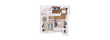 A top-down view of a modern apartment with a kitchen, living room, and bathroom.