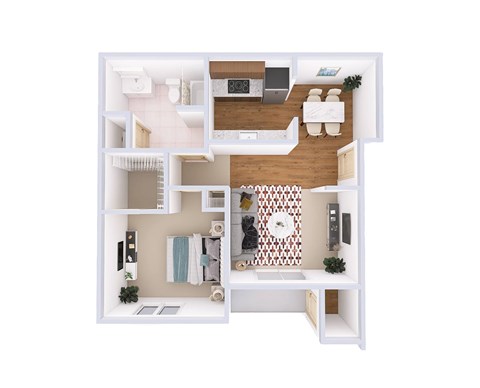 A top-down view of a modern apartment with a kitchen, living room, and bathroom.