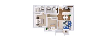 A white and wood floor plan of a small apartment with a kitchen, living room, and bathroom.