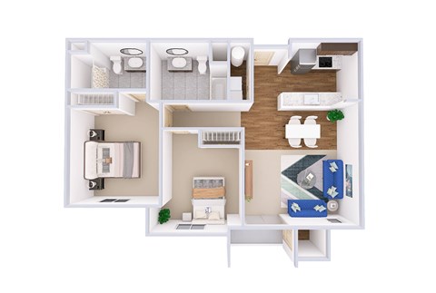 A white and wood floor plan of a small apartment with a kitchen, living room, and bathroom.