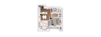A white floor plan of a house with a living room, kitchen, and bathroom.