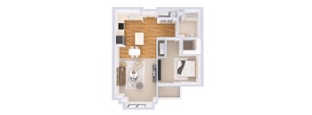 A floor plan of a house with a kitchen, living room, and two bedrooms.